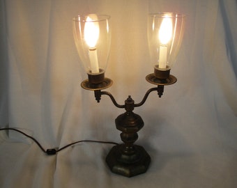 2 arm brass table lamp,brass base lamp with glass shades,hall table lamp,dresser lamp,decorative brass lamp,octagon base lamp,library lamp