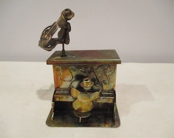 Piano tin copper sculpture music box,copper color metal sculpture,Love Story music box,Honky Tonk piano metal art music box,music room decor