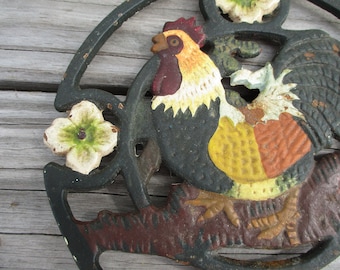 vintage rooster trivet,painted rooster trivet,cast iron trivet,chicken trivet,farmhouse kitchen,animal trivet,metal artist,farm decor