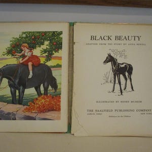 May include: An open vintage book titled "Black Beauty" with illustrations. The left page shows a girl in a red dress on a black horse under an apple tree. The right page has a black horse illustration and the book's title.