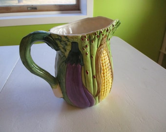 ceramic water pitcher,vegetable motif water pitcher,colorful water pitcher,World Bazaars pitcher,country kitchen,vegetable decor,