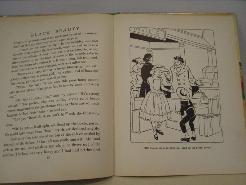 May include: An open book with text and a black and white illustration. The illustration depicts a scene at a train station with people and luggage. The text on the left page is from "Black Beauty".