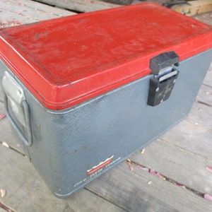 Cold Flyte Cooler,red and silver metal cooler,metal cooler,ice box,beer cooler,1950s ice chest,retro cooler,camping cooler,Hamilton Skotch