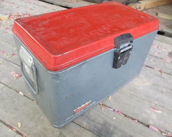 Cold Flyte Cooler,red and silver metal cooler,metal cooler,ice box,beer cooler,1950s ice chest,retro cooler,camping cooler,Hamilton Skotch