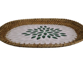 Home&Manor 16" Rattan Oval Tray with Mosaic Wooden Base