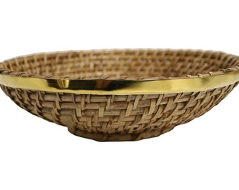 Home&Manor 9.5" Rattan Hammered Brass Rim Basket