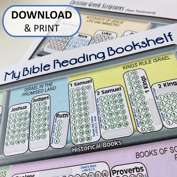 Printable: My Bible Reading Bookshelf - Daily Reading Log Chart Chapter by Chapter Tracker