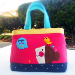 Lindo bolso de mano para niñas / Pájaro rosa de dibujos animados / Cierre superior con cremallera / Hecho de algodón súper suave / Feliz contigo