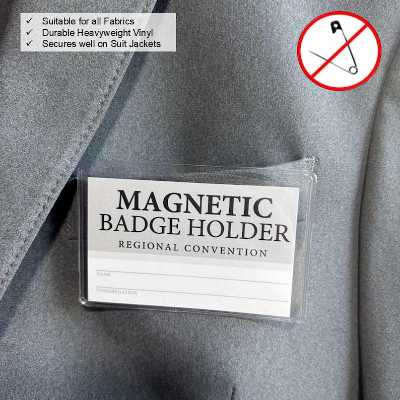 JW Magnetic Badge Holder for Jehovah's Witnesses Regional Convention - suitable  for all fabrics, made of durable heavyweight vinyl, secures well on suit jackets