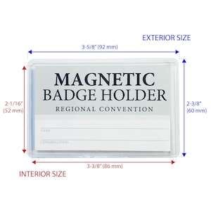JW Magnetic Badge Holder for Regional Convention fits your JW Lapel Cards perfectly. The interior dimensions are 3-3/8"(86 mm) x 2-1/16" (52 mm)