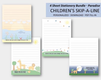 Children's Personalized Printable Stationery | 4 Sheet Paradise Bundle | Skip-A-Line Letter Writing Paper | PDF Download Custom Text Fill-In