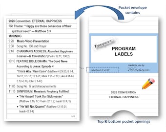 May include: A white paper programme schedule for the 2026 Convention: ETERNAL HAPPINESS, featuring a morning agenda with Bible-based talks. Beside it, a white pocket envelope labelled PROGRAM LABELS with a 8.89 cm by 0.64 cm size indicator.