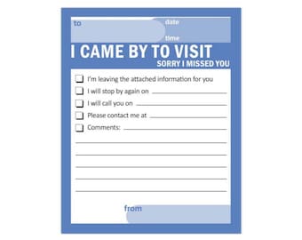 I Came By To Visit Notepad 4"x5.5" (50 sheets)  Sorry I Missed You - for not at home return visits | Quantity discount available