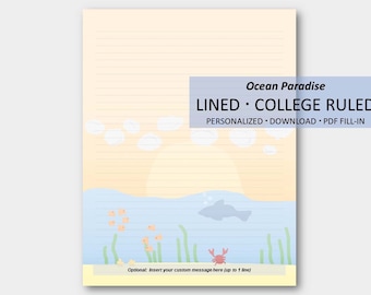 College Ruled Personalized Printable Stationery | Cute Ocean Paradise | Lined Letter Writing Paper | PDF Download Custom Text Fill-In
