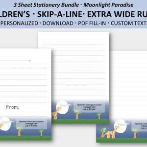 Papelería imprimible personalizada para niños / Paquete Moonlight Paradise de 3 hojas / Papel de escritura Skip-A-Line / Descarga PDF de texto personalizado