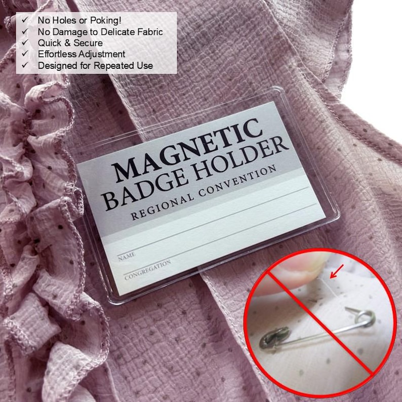 JW Magnetic Badge Holder for Jehovah's Witnesses Regional Convention - no holes or poking, no damage to delicate fabric, quick & secure, effortless adjustment, designed for repeated use