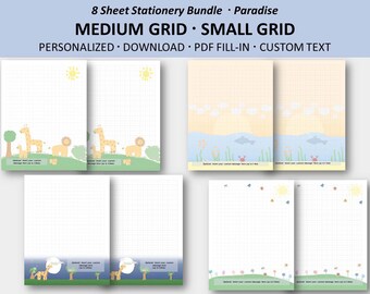 Grid Personalized Printable Stationery | 8 Sheet Paradise Bundle | Medium Small Grid Letter Writing Paper | PDF Download Custom Text Fill-In