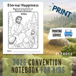 May include: A black and white coloring book cover with the text "Eternal Happiness" and "2026 Convention Notebook for Kids." The cover features an illustration of a religious scene. The image also includes the text "PRINT" and "PRINTING SERVICE."