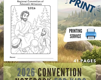 Può includere: Un quaderno per bambini di 41 pagine per il congresso del 2026 con una copertina da colorare in bianco e nero. Il testo riporta Eternal Happiness, Regional Convention of Jehovah's Witnesses, 2026 e Name. Include un'icona di servizio stampa.