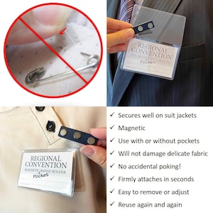 May include: A clear plastic badge holder with a magnetic strip attached to the back. The badge holder has the text "REGIONAL CONVENTION MAGNETIC BADGE HOLDER Pocket" printed on it. The magnetic strip is shown attached to a beige shirt with a button. The image also shows a close-up of the magnetic strip attached to a suit jacket.