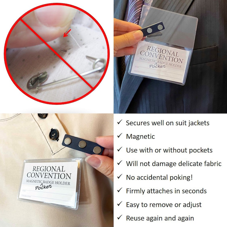 May include: A clear plastic badge holder with a magnetic strip attached to the back. The badge holder has the text "REGIONAL CONVENTION MAGNETIC BADGE HOLDER Pocket" printed on it. The magnetic strip is shown attached to a beige shirt with a button. The image also shows a close-up of the magnetic strip attached to a suit jacket.