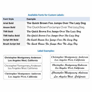 May include: A table showing different font styles and examples of how they look when used for custom labels. The font styles include Arial Bold, Anson Bold, TNR Bold, TNR Italics Bold, Script Mt Bold, and Brush Script Std. The example text used is "The Quick Brown Fox Jumps Over The Lazy Dog". Below the table are examples of how the labels would look with different font styles. The example text used is "Christopher Montgomery Anderson Los Angeles West, California".