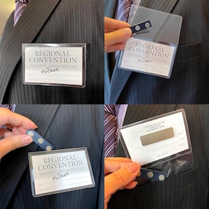 May include: A clear plastic badge holder with a magnetic closure. The holder has the text "REGIONAL CONVENTION MAGNETIC BADGE HOLDER Pocket" printed on it.