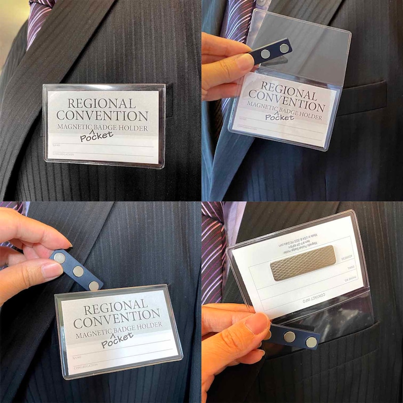 May include: A clear plastic badge holder with a magnetic closure. The holder has the text "REGIONAL CONVENTION MAGNETIC BADGE HOLDER Pocket" printed on it.