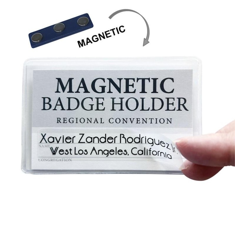 JW Magnetic Badge Holder for Jehovah's Witnesses Regional Convention - with personalization of printed name and congregation information available in 6 font styles
