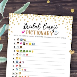 Bridal Emoji Pictionary Game, with Answers, Bridal Shower Games Printable, Gold Confetti, Instant Download, Digital DIY, Unique