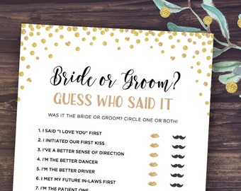 Bride or Groom Game, He Said She Said Bridal Shower Game Printable, Wedding Shower Games Instant Download, Gold Confetti, Glitter, Funniest