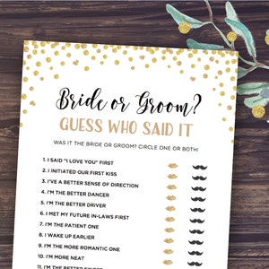 Bride or Groom Game, He Said She Said Bridal Shower Game Printable, Wedding Shower Games Instant Download, Gold Confetti, Glitter, Funniest