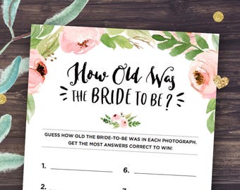 Floral Bridal Shower, How Old Was the Bride Game, Guessing Trivia, Wedding Shower Games Printable, Template, Guess Her Age, Peonies