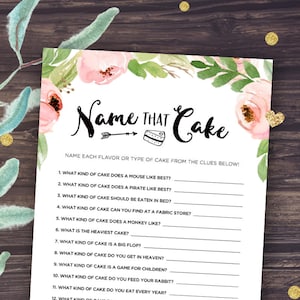 May include: A printable game card with a pink floral design and the text "Name That Cake". The card features 15 questions about different types of cake, with blank lines for players to write their answers.