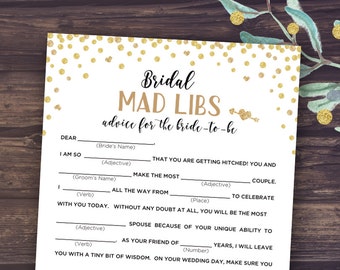Mad Libs Wedding, Bridal Mad Libs, Shower Games Printable, Madlibs, Gold Confetti and Black, Advice for Bride to Be, Digital Download PDF