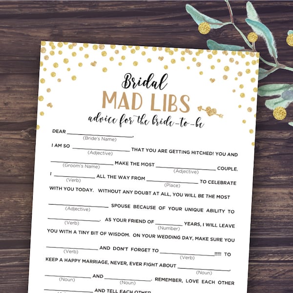 Mad Libs Wedding, Bridal Mad Libs, Shower Games Printable, Madlibs, Gold Confetti and Black, Advice for Bride to Be, Digital Download PDF