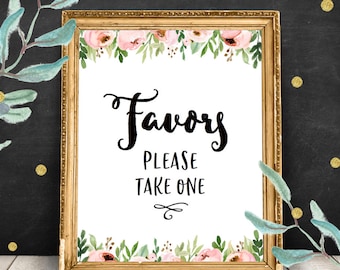 Favors Sign Bridal Shower Printable, Table Sign, Please Take One, Rust Floral, Garden Flowers, Peonies and Roses, Rose and Pink