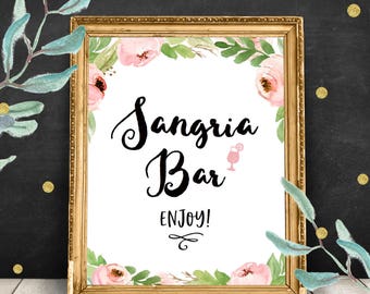 Sangria Bar Sign Printable, Bridal Shower Signs and Decor, Rustic Floral Decorations, Open Bar Sign, 8x10 inches, Peonies, Roses, Garden