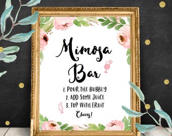 Mimosa Bar Sign Printable, Bridal Shower Floral, Garden, Pink Peonies, 5x7, 8x10