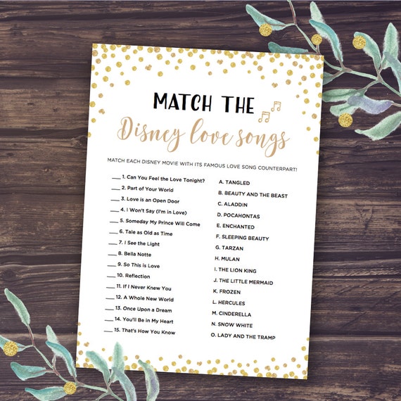 Disney Bridal Shower Games Match The Disney Love Songs Game Etsy