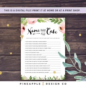 May include: A printable game card with a floral design and the text "Name That Cake". The card features a list of 15 questions about different types of cake.