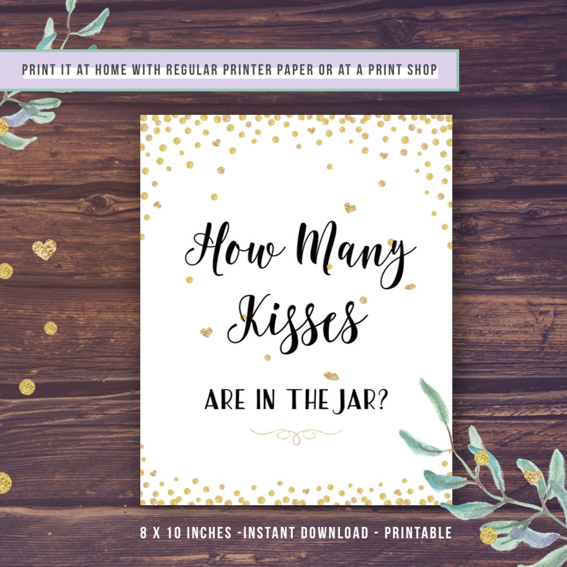 Guess How Many Kisses Bridal Shower Games Printable Gold Etsy