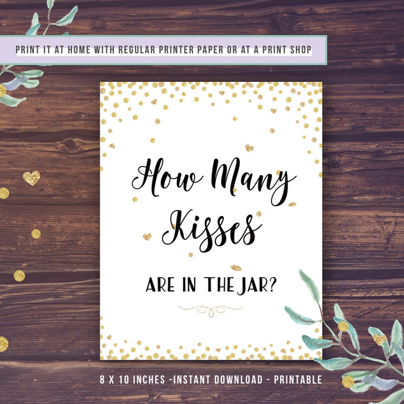 Guess How Many Kisses Bridal Shower Games Printable Gold | Etsy