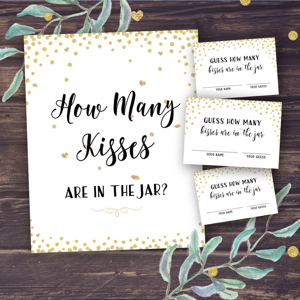 Guess How Many Kisses, Bridal Shower Games Printable, Gold Confetti B…
