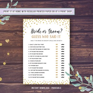 K&ouml;nnte beinhalten: Ein druckbares Brautparty-Spiel mit goldfarbenem Konfetti-Hintergrund. Das Spiel hei&szlig;t "Bride or Groom?" und fordert die G&auml;ste auf, zu erraten, wer jede Aussage gemacht hat. Die Aussagen beinhalten Dinge wie "Ich habe zuerst 'Ich liebe dich' gesagt" und "Ich bin der bessere Koch".