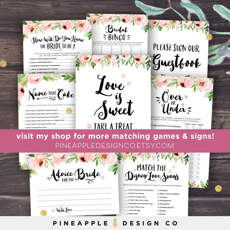 Puede incluir: Un conjunto de juegos de despedida de soltera imprimibles con un dise&ntilde;o floral rosa. Los juegos incluyen "How Well Do You Know the Bride to Be?", "Name That Cake", "Bridal Bingo", "Love is Sweet", "Over or Under", "Advice for the Bride" y "Match the Disney Love Songs".