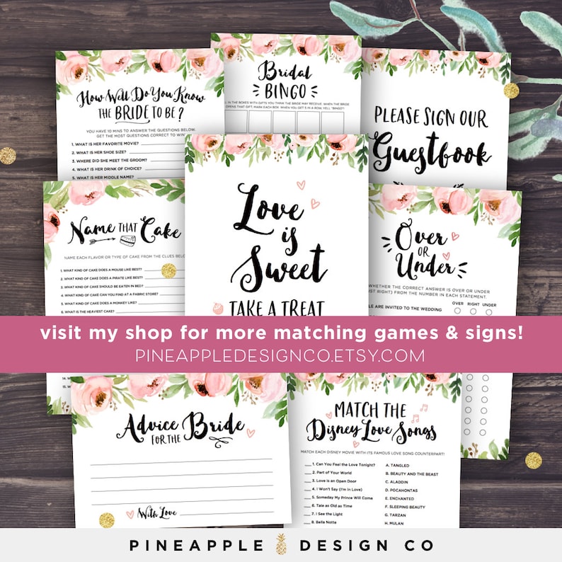 May include: A set of printable bridal shower games with a pink floral design. The games include "How Well Do You Know the Bride to Be?", "Name That Cake", "Bridal Bingo", "Love is Sweet", "Over or Under", "Advice for the Bride", and "Match the Disney Love Songs".