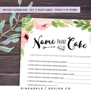 May include: A printable game card with a floral design and the text "Name That Cake". The game asks players to guess the type of cake based on clues.