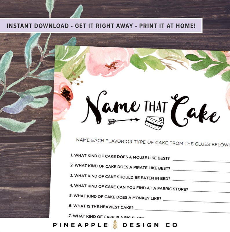 May include: A printable game card with a floral design and the text "Name That Cake". The game asks players to guess the type of cake based on clues.
