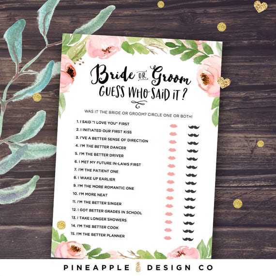 He Said She Said Bridal Shower Game, Guess Who Said it Game, Bride or Groom Bridal Shower Games Printable, Rustic Floral, Instant Download